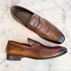 To Boot New York Cognac Burnished Rubbed Leather Penny Loafers